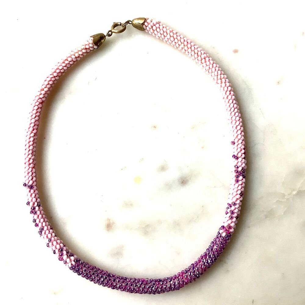 Vintage Beaded Necklace Pink Purple Seed Beads 15"Boho Festival